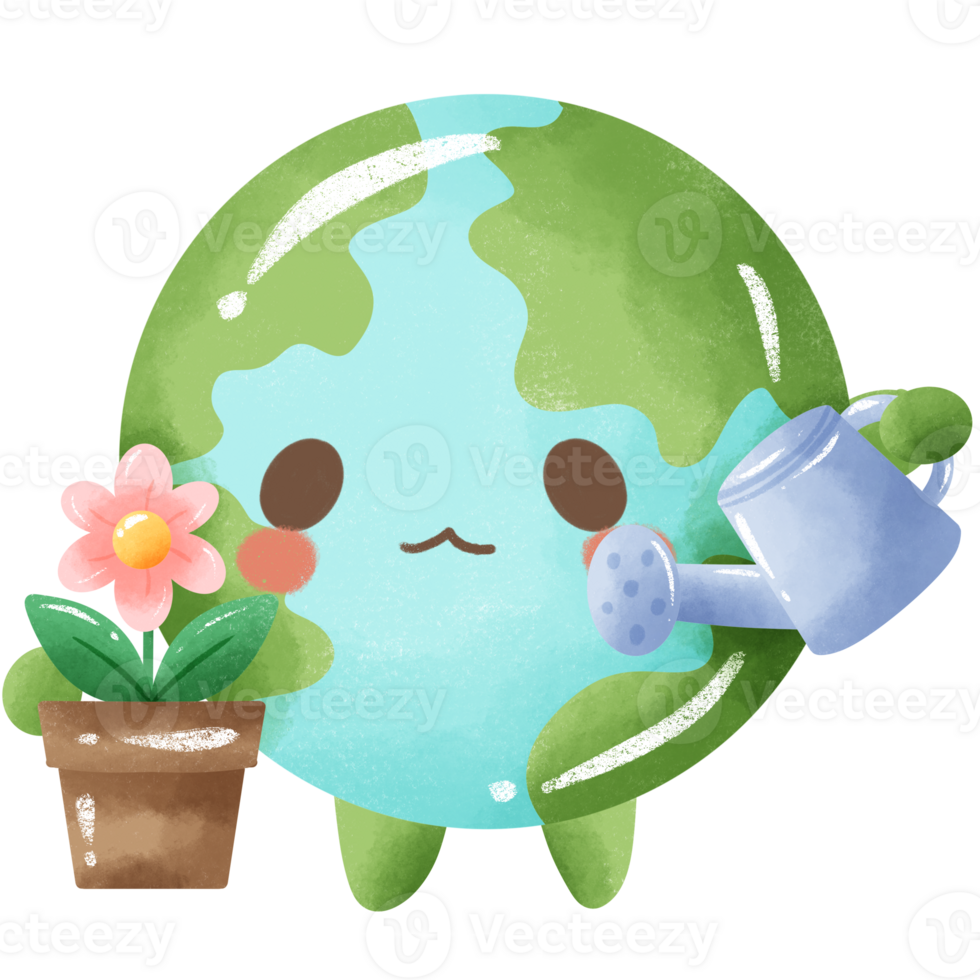 dessiné à la main crayon illustration de Terre journée clipart, Terre vert globe éco amical environnement conscience Terre arrosage une fleur pot png