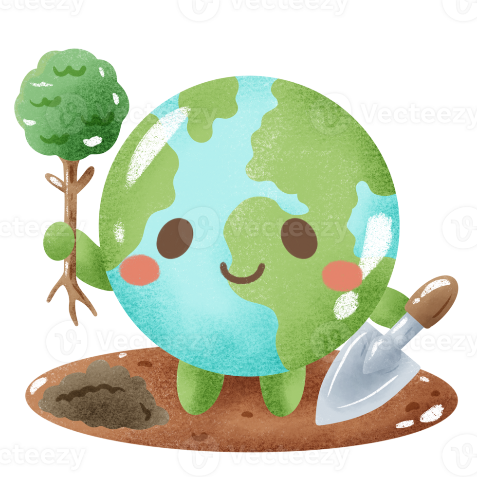 Handdrawn Crayon Illustration of Earth day Clipart, Earth green globe eco friendly environment awareness Earth planting a tree png