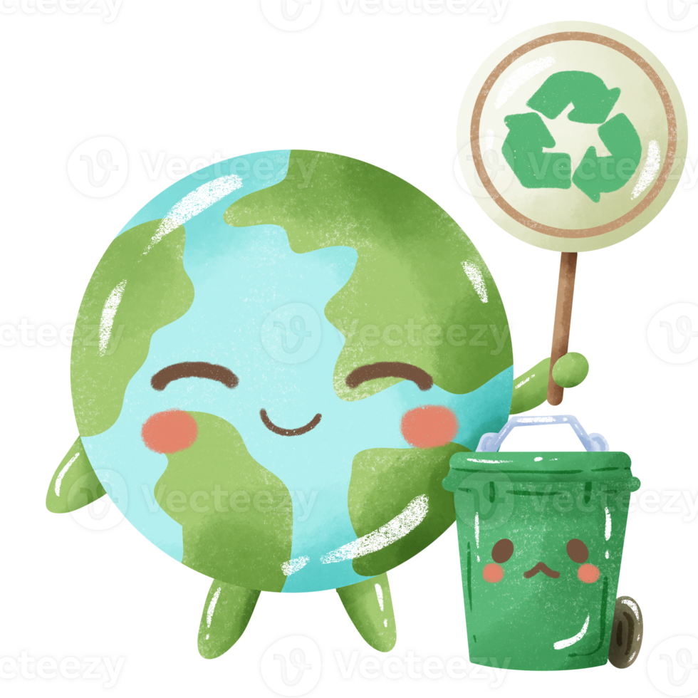 Handdrawn Crayon Illustration of Earth day Clipart, Earth green globe eco friendly environment awareness  Earth holding a sign to reuse reduce recycle next to a green trash can png