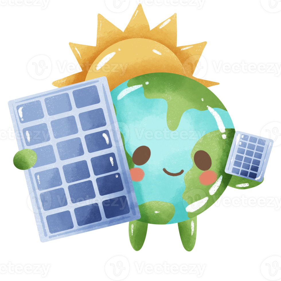 desenhado à mão GIS de cera ilustração do terra dia clipart, terra verde globo eco amigáveis meio Ambiente consciência terra segurando dois solar painéis e a Sol atrás png