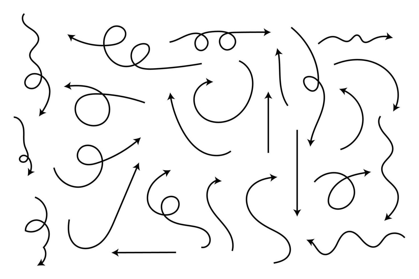 mano dibujado curvo flechas y direcciones señales en plano estilo. vector