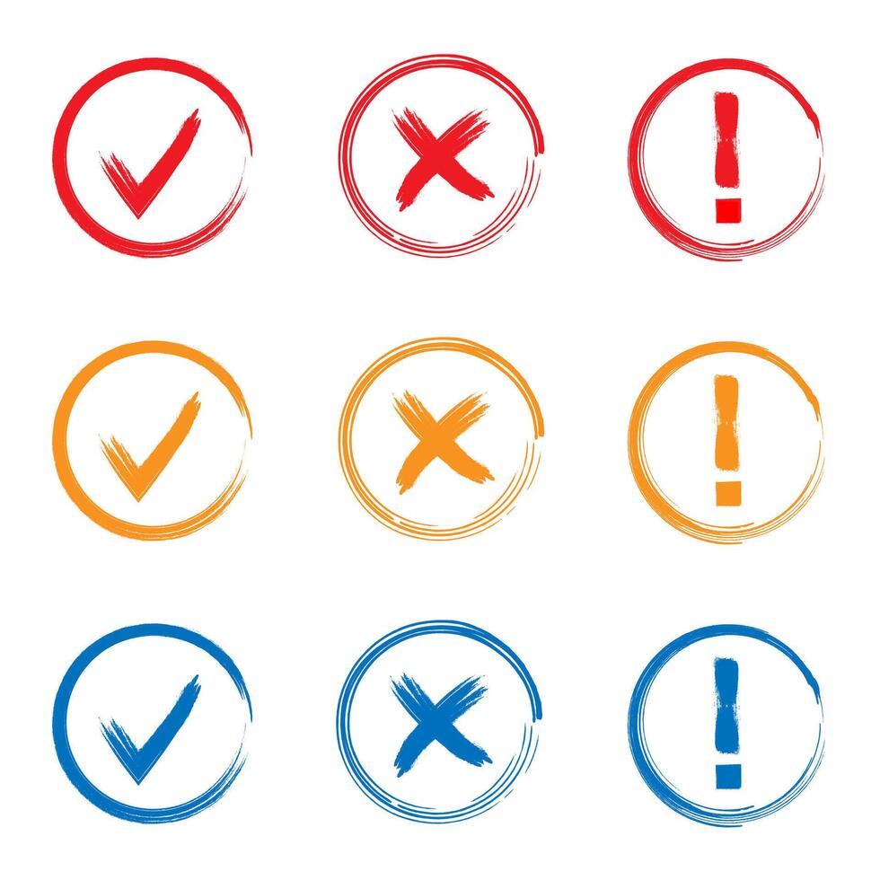 Check mark or done and yes signs, cross warning or wrong, exclamation and attention sign symbol vector. vector