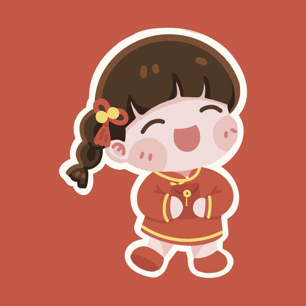 Chinese New Year Girl Kid Red... vector