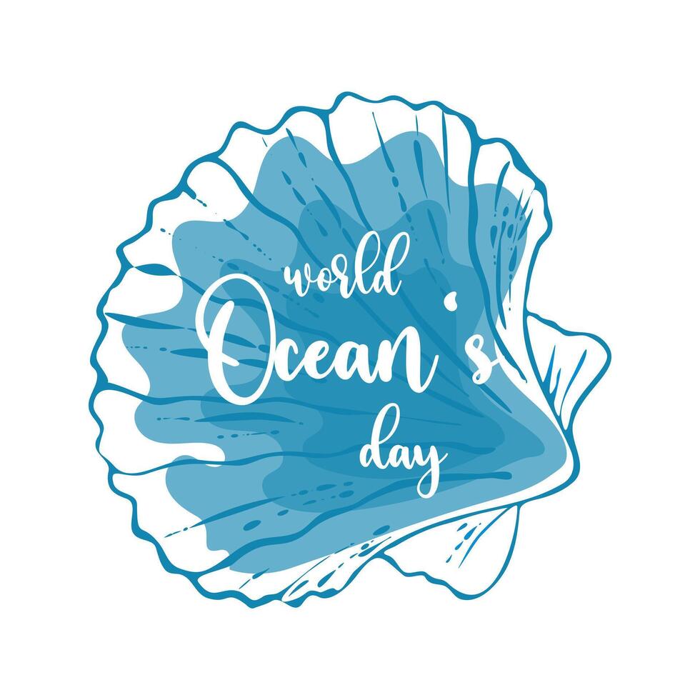 Oceans day on seashells blue contour hand drawing . Emblem, isolated, white background. vector