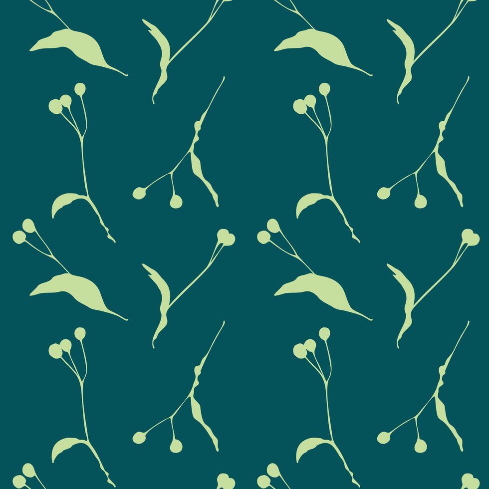 Linden pattern dark blue and green color, branch linden seed silhouettes set. vector