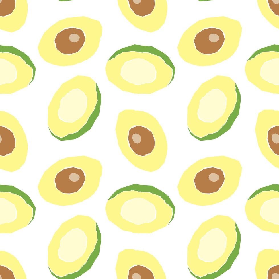 Avocado pattern, hand-drawn, stylized half of the fruit with nut inside, on white background. vector