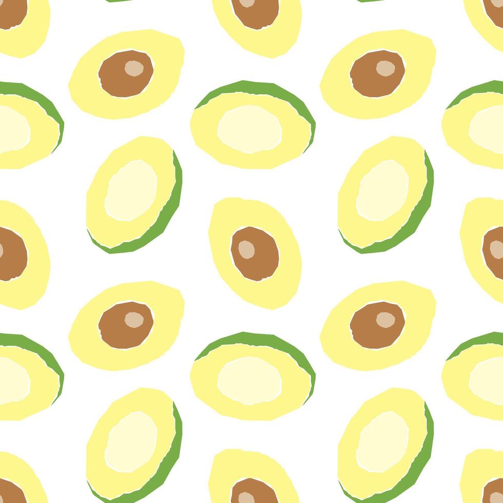 Avocado pattern, hand-drawn, stylized half of the fruit with nut inside, on white background. vector