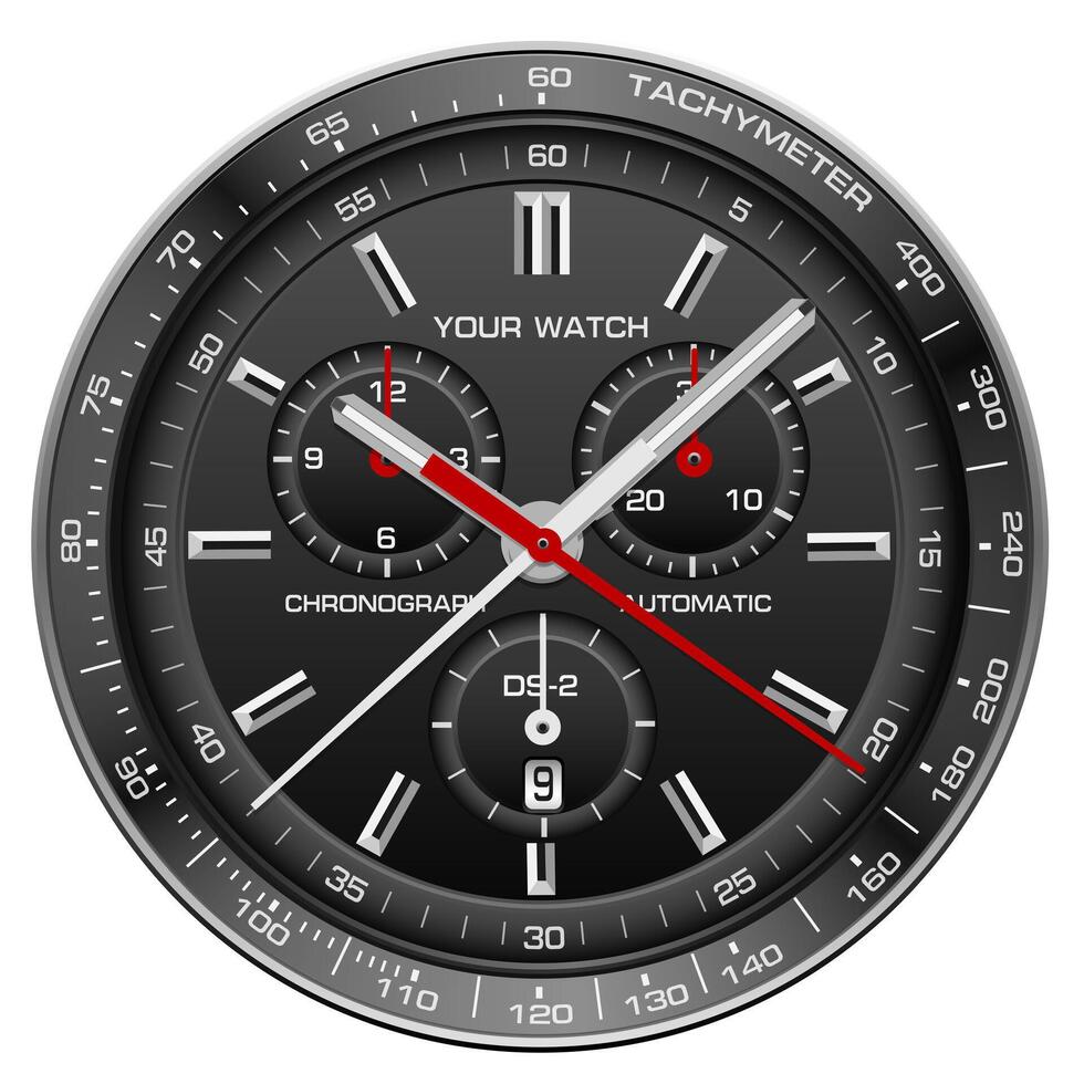 realista reloj reloj tablero negro cara plata rojo flecha blanco número en aislado diseño clásico lujo Moda para hombres vector