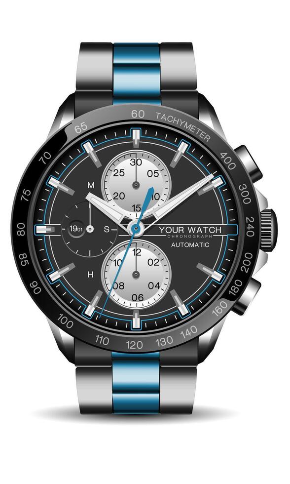 Realistic watch clock chronograph black blue steel line white number face for men design luxury on white background vector