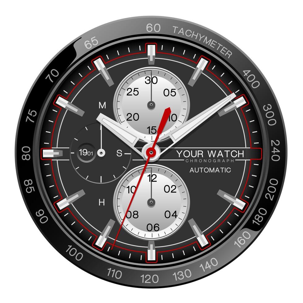 Realistic watch clock chronograph silver black red line white number dashboard face for men design luxury on white background vector