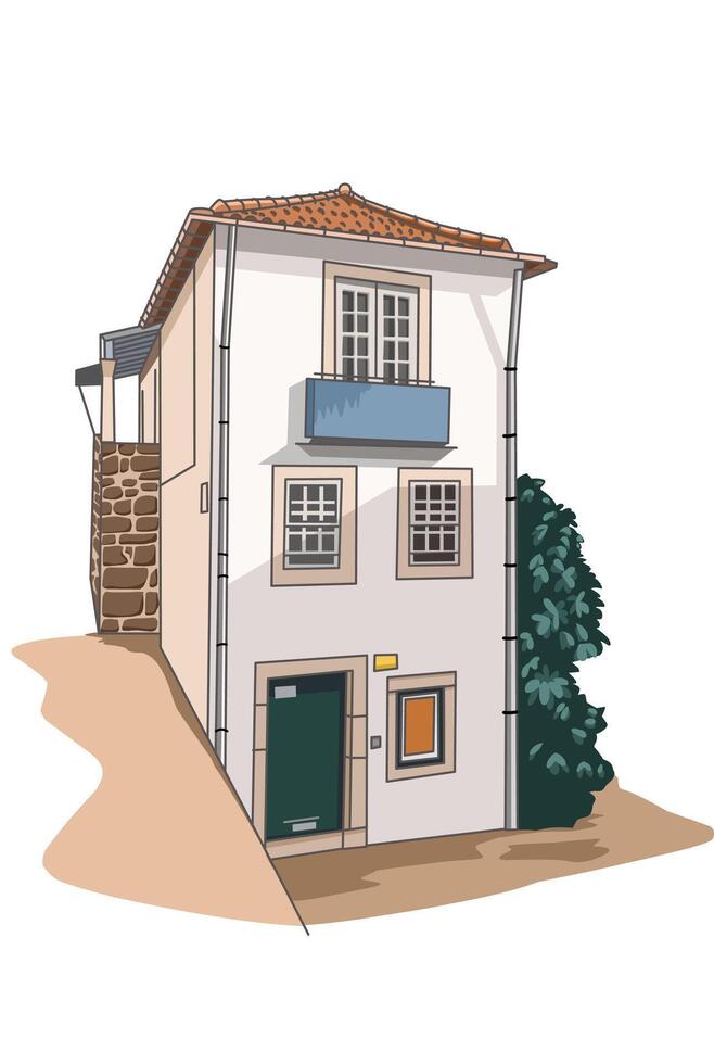 ilustración de un alto casa pintado gris con arbustos en el lado vector