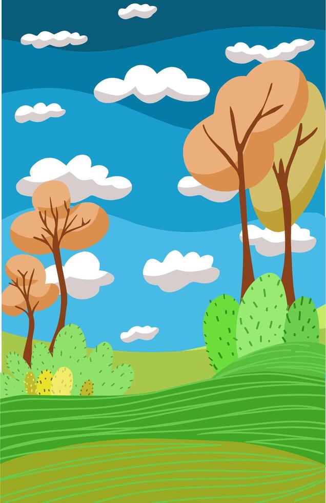 verde césped con arbustos en un azul cielo y nubes antecedentes para para niños historia libros vector