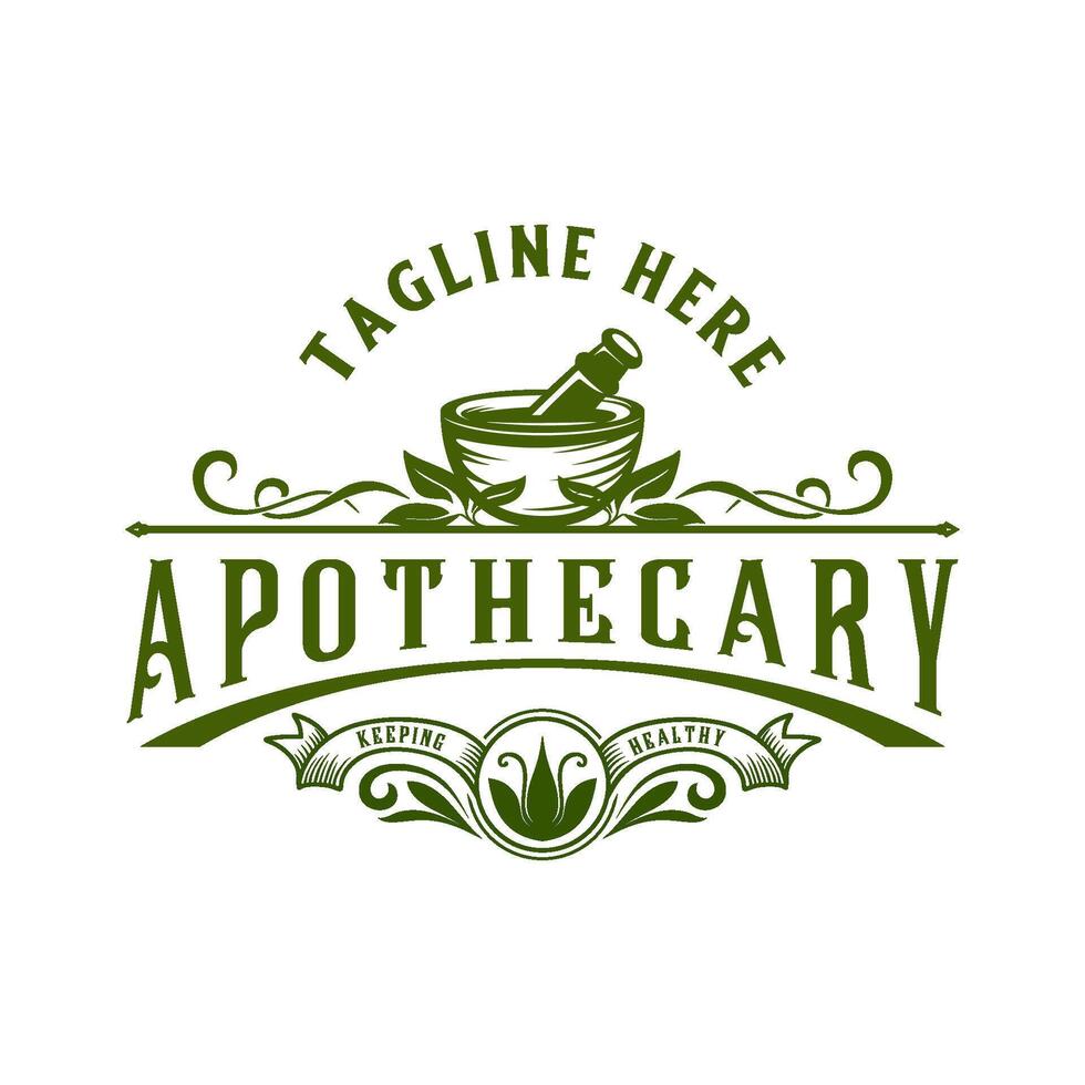 apothecary vintage logo. mortar and pestle in a coat of arms frame. for traditional medicine, therapy, prescriptions and drug stores. vector