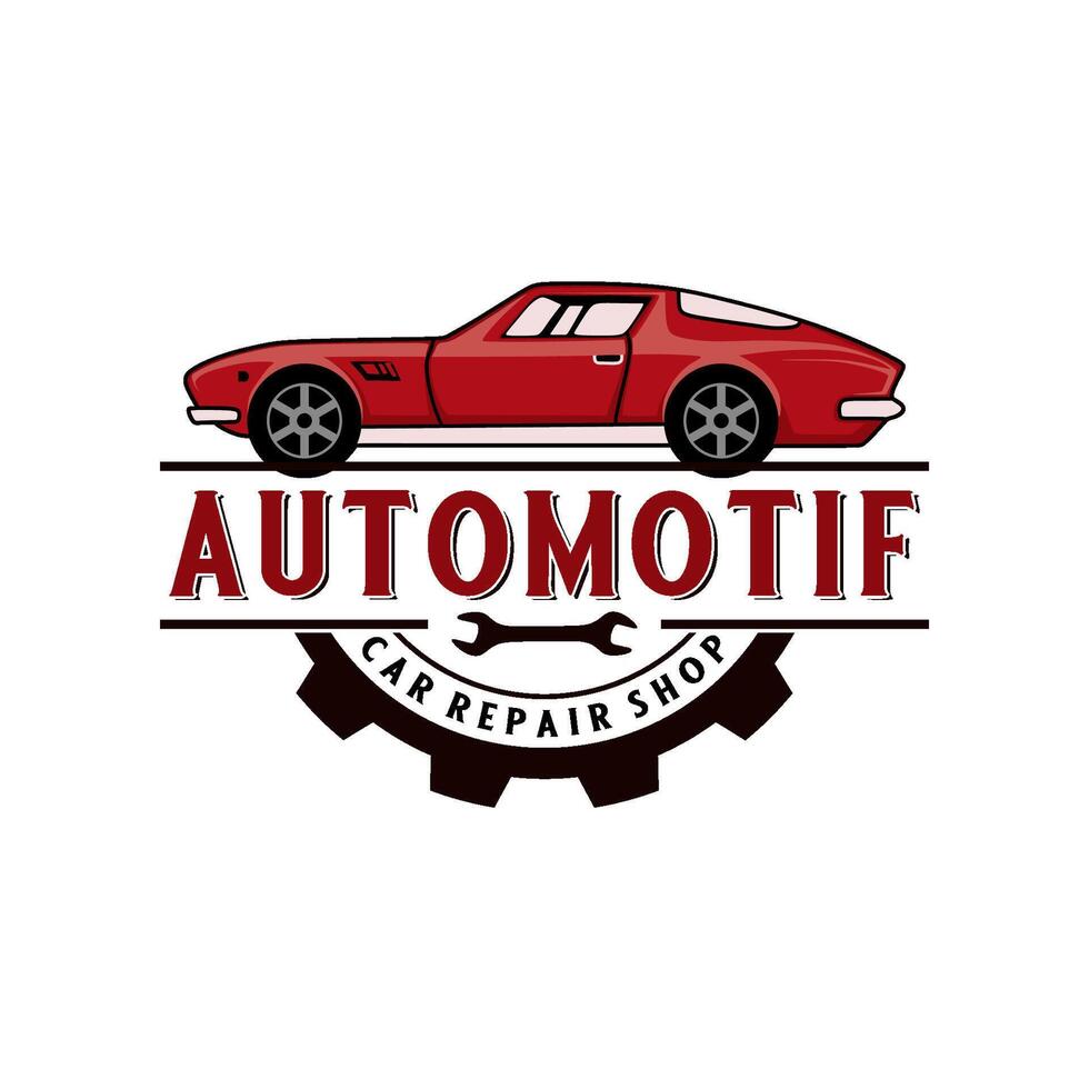 workshop vector logo design, old car, wrench for car or motorbike repair shop.