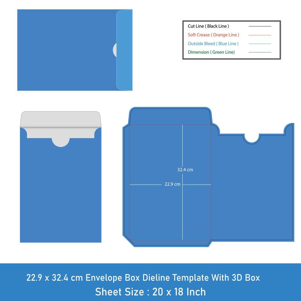 sobre Talla 22,9 X 32.4 cm dieline modelo y 3d caja vector