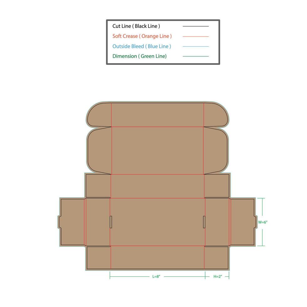 Mailer box Size 8x2x6 inch dieline template, vector design