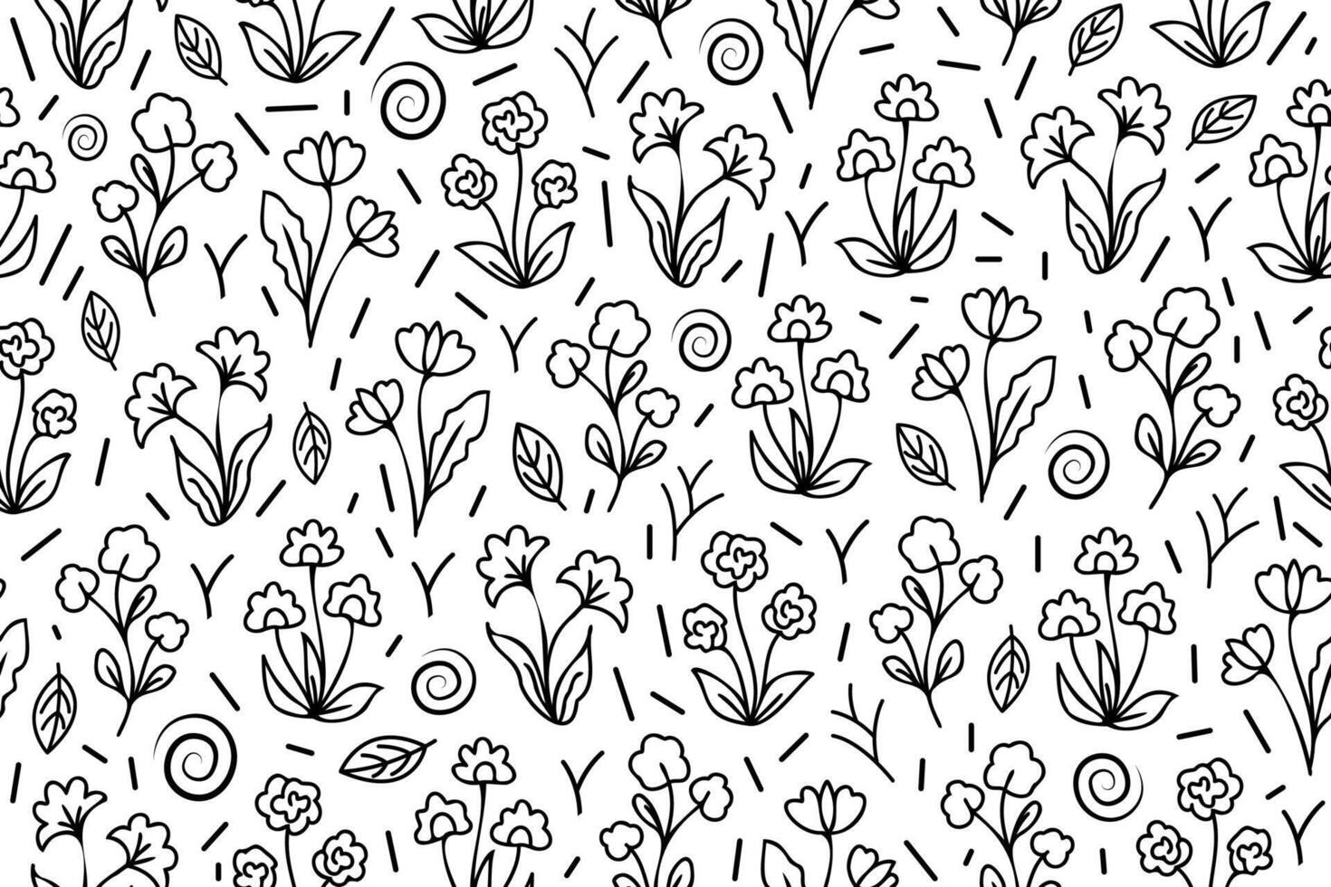 Outline seamless floral pattern with hand drawn flowers. Line art seamless black and white floral pattern. Endless repeating minimalistic abstract design. vector