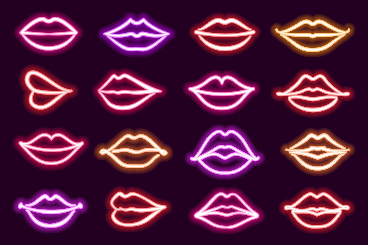 Neon glowing lips. Red, pink, orange shining lips set. Kiss icons illuminated vibrant bright vector signs