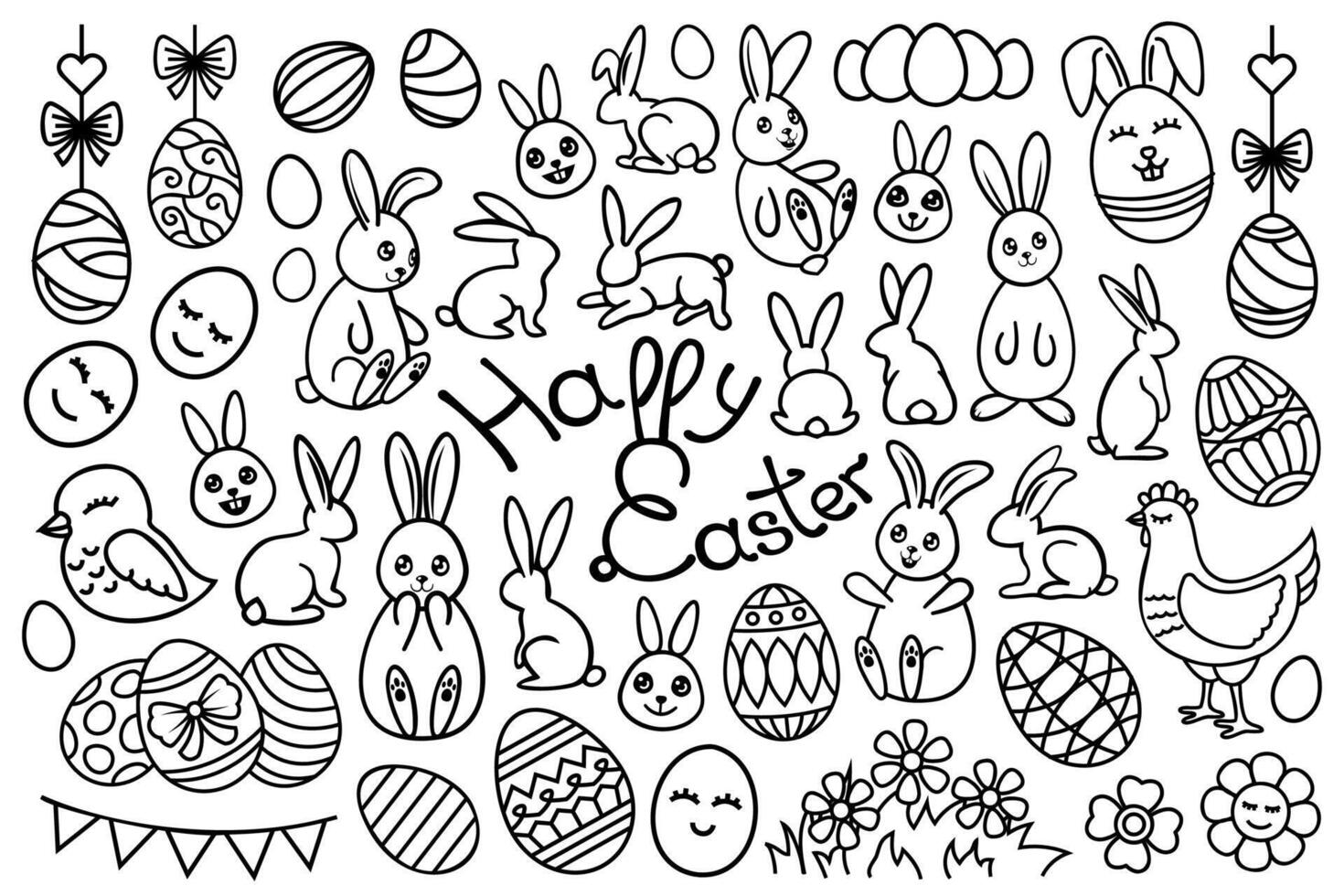 línea Arte Pascua de Resurrección colocar, colección con conejitos, pollos, huevos contorno dibujos. decorativo lineal vector Pascua de Resurrección diseño elementos.