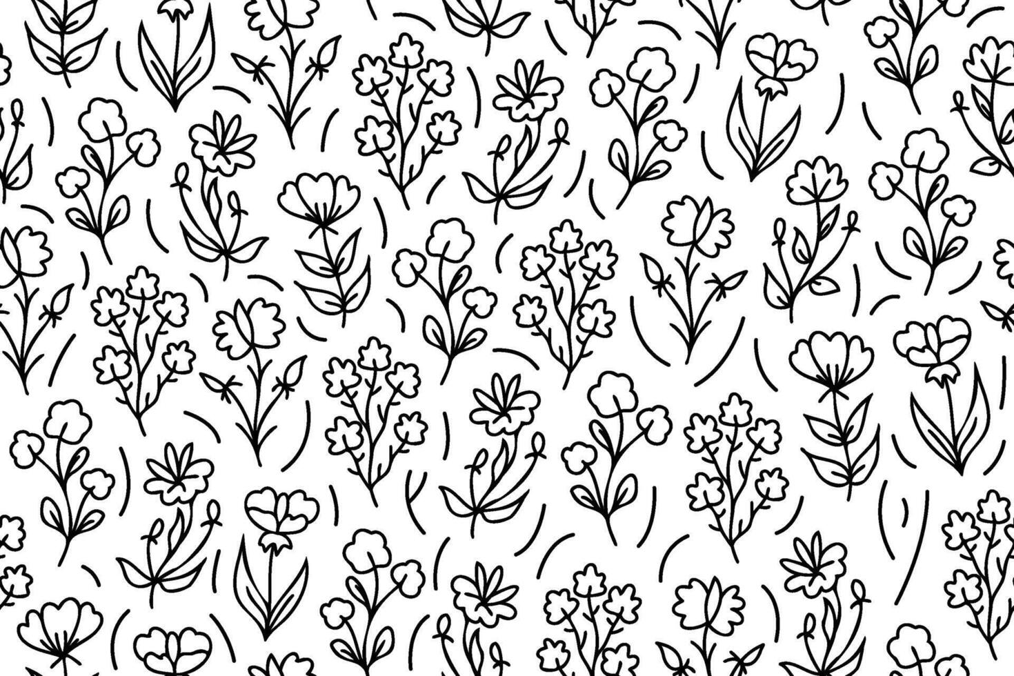 Outline seamless floral pattern with hand drawn flowers. Line art seamless black and white floral pattern. Endless repeating minimalistic abstract design. vector