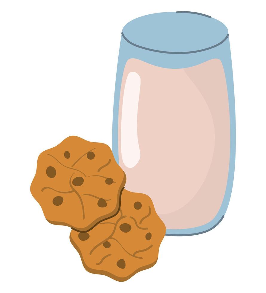 vaso de Leche y galletas, desayuno clipart, galletas con chocolate, vector ilustración