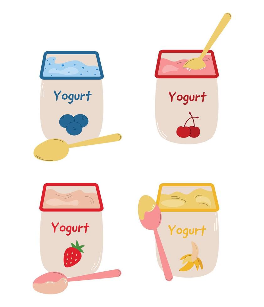 Sweet yogurt with blueberry, strawberry, banana, cherry flavor in plastic packaging, plastic spoon, dairy product, yogurt vector set