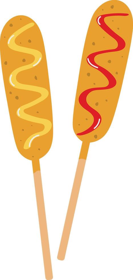 Set of corn dogs, sausage in dough on a stick with sauces, fast food concept, street food, corn dog vector clipart