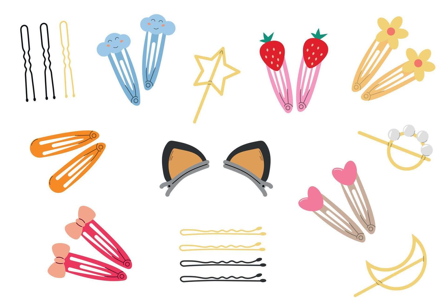 Vector set of hairpins, cute accessories for girls, hair decoration, fashionable hairpins