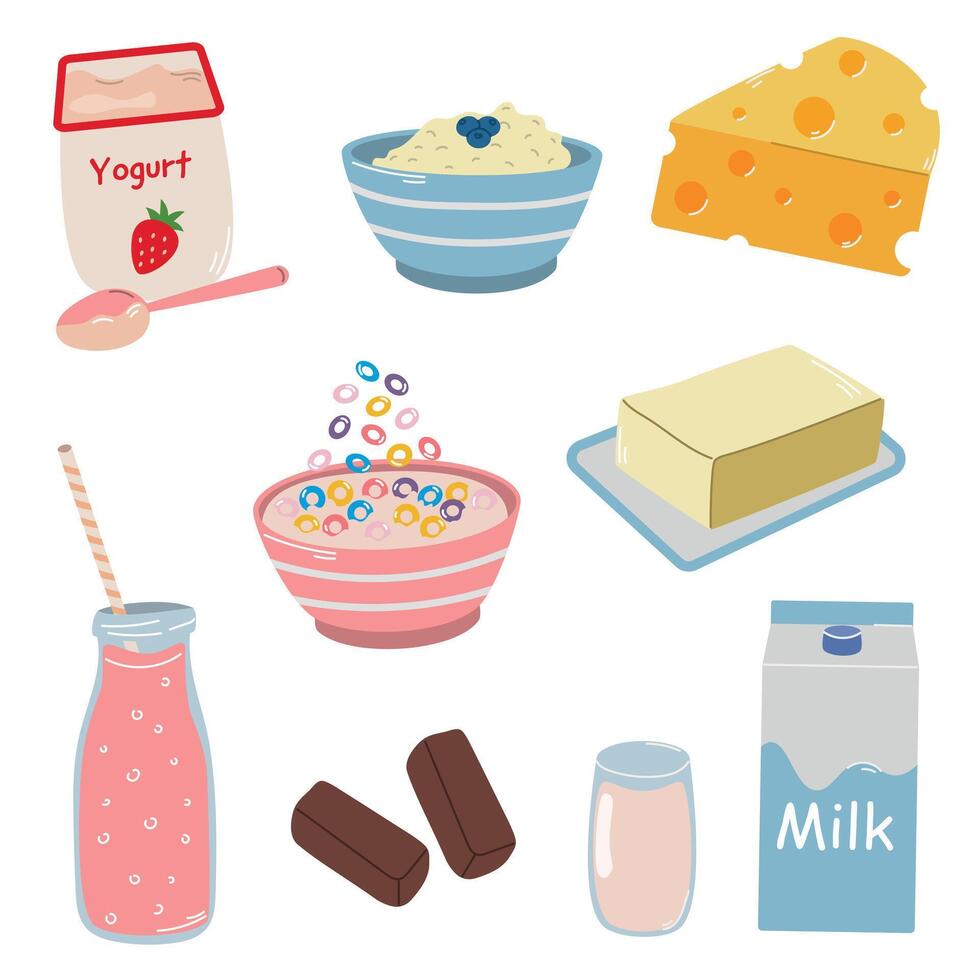 Vector set dairy products, milk, butter, cottage cheese, cheese, yogurt, milkshake, healthy food, isolated on white background