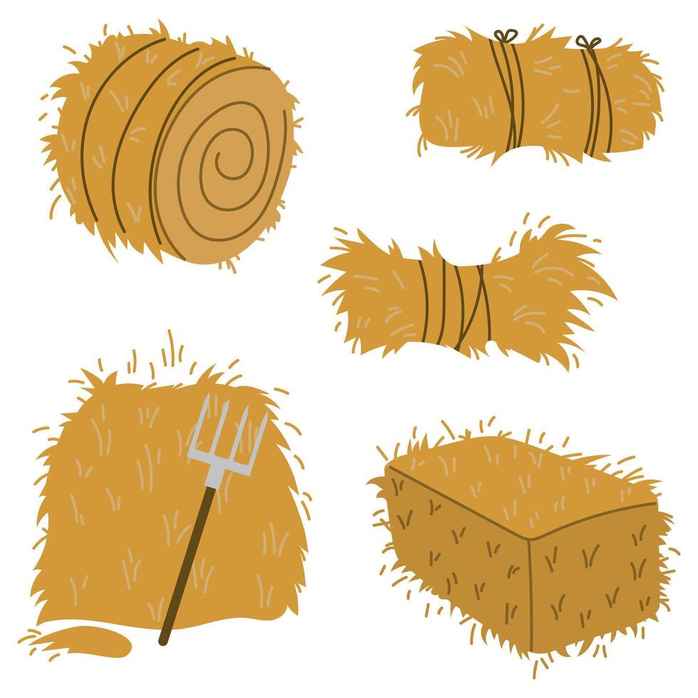 Haystacks set, flat yellow haystacks, agriculture, countryside concept, hay vector clipart