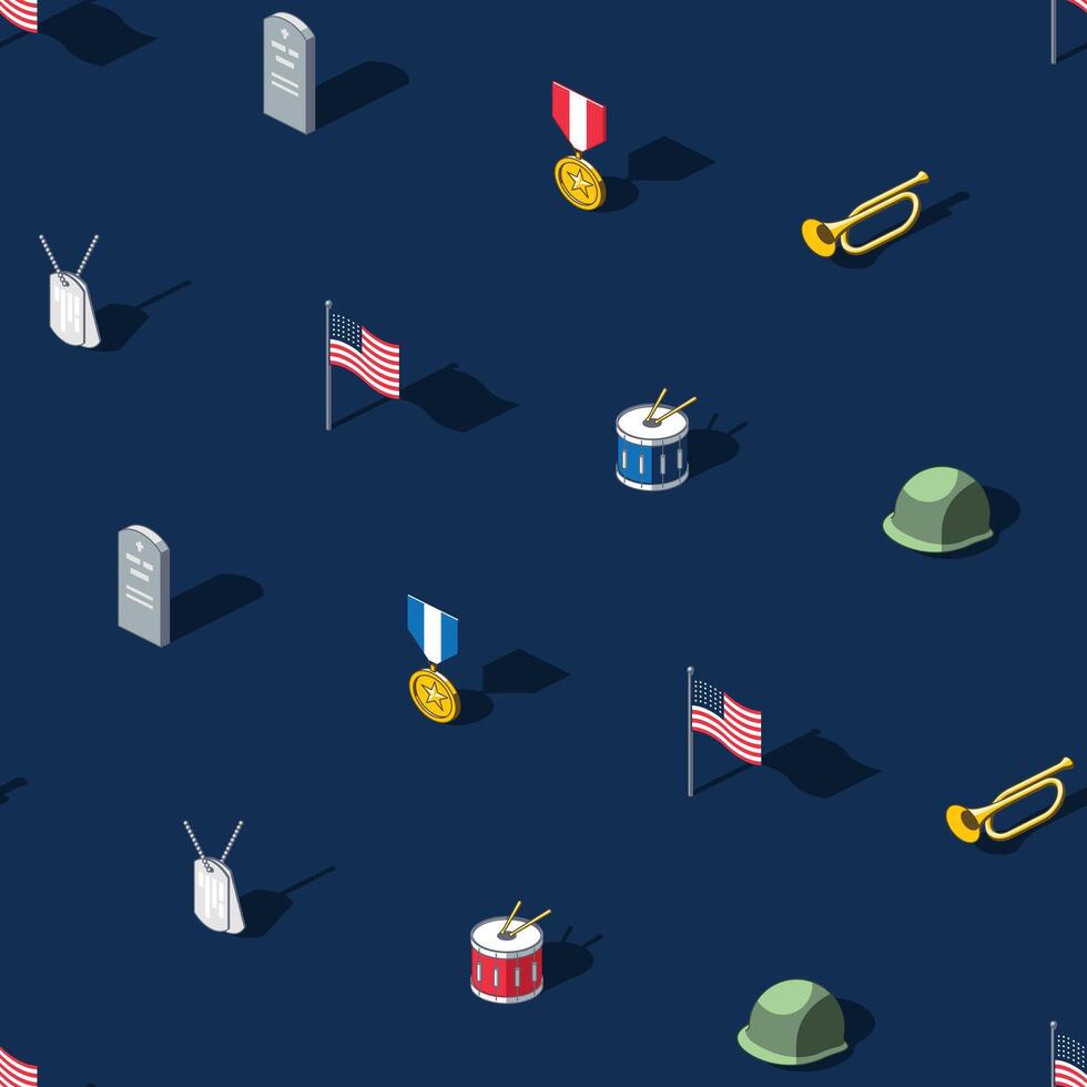 Isometric Memorial day seamless pattern on dark blue background vector