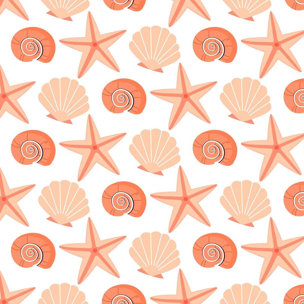 Seamless pattern seashells and aqua starfish on white background vector