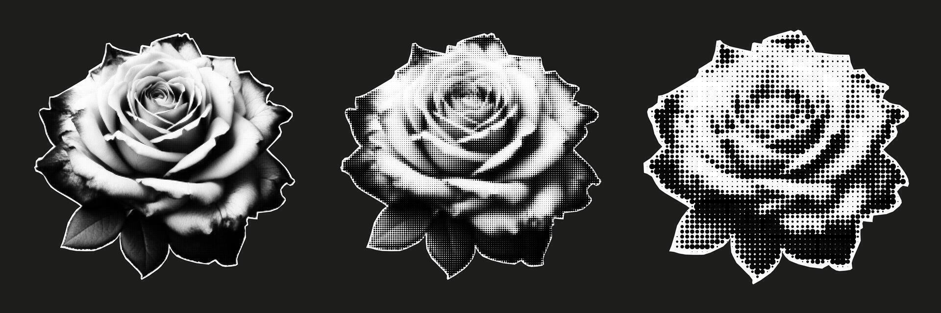 AI Generated Black Rose retro halftone collage sticker set vector