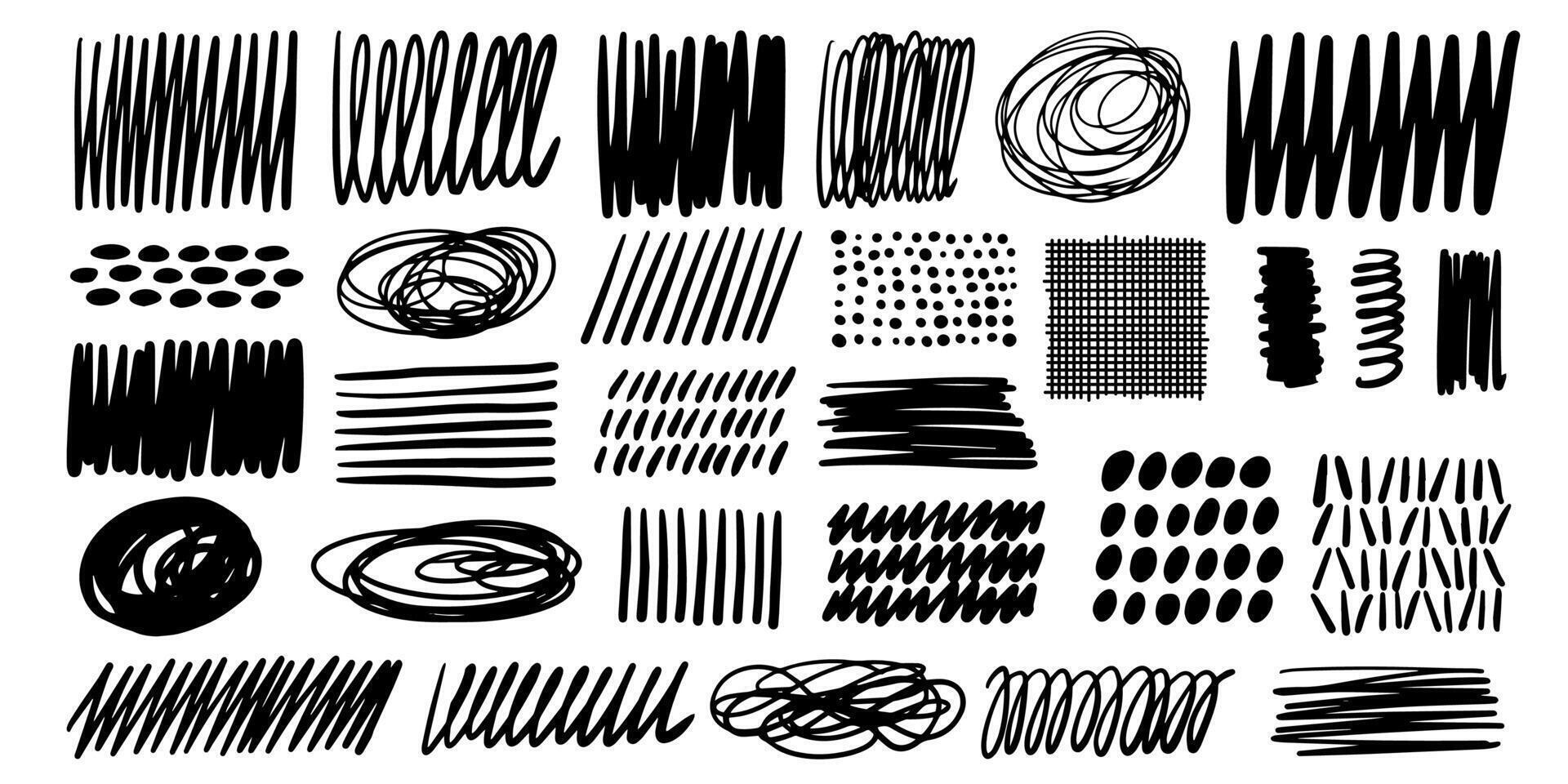 Hand drawn black ink hatching, squiggle texture vector collection