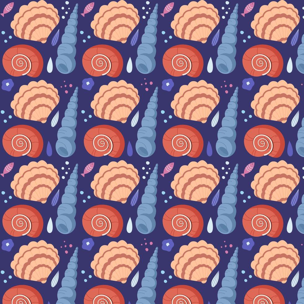 Seamless vector pattern with seashells on dark blue background
