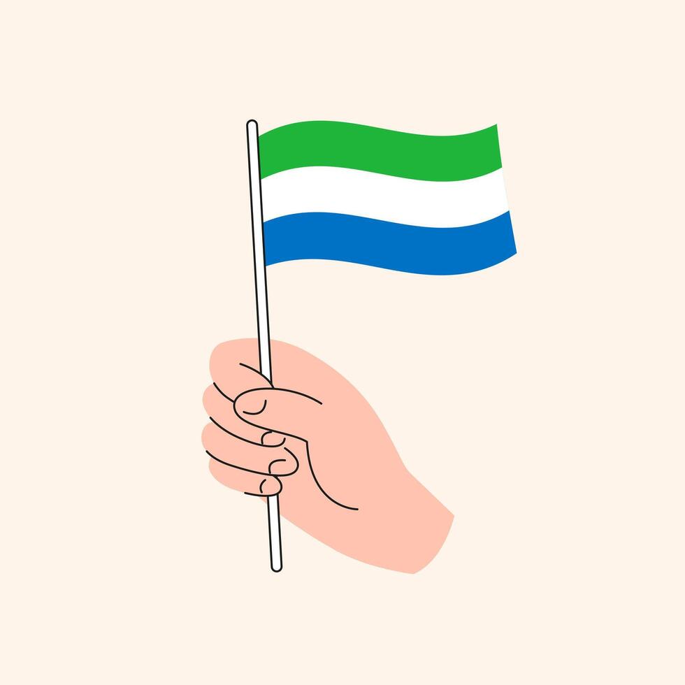 Cartoon Hand Holding Sierra Leonean Flag, Simple Vector Design. Flag of Sierra Leone, West Africa, Concept Illustration, Isolated Flat Drawing