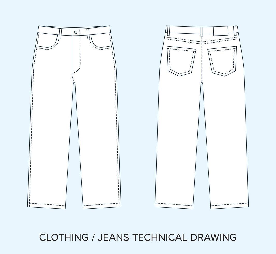 Denim Trousers with Pockets, Technical Drawing, Apparel Blueprint for Fashion Designers vector