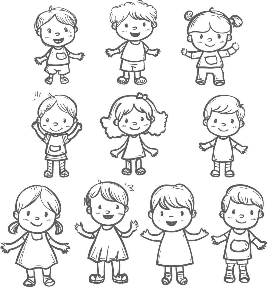 ai generado bien mano dibujo linda niños conjunto garabatear estilo ilustración negro color solamente vector