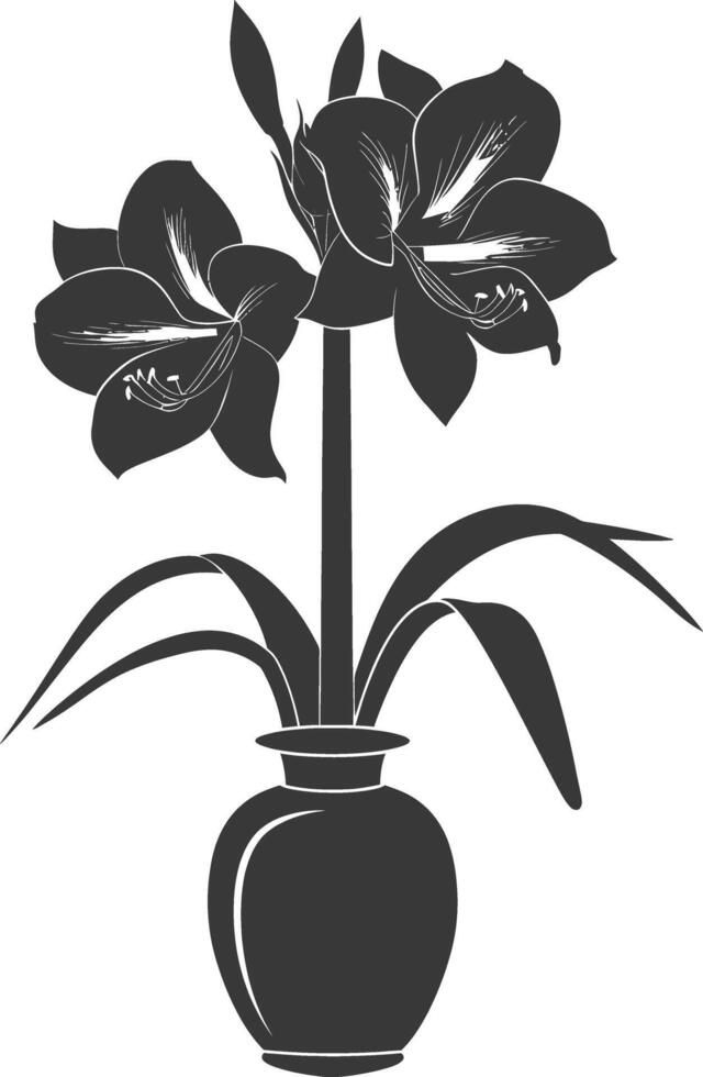 AI generated Silhouette amaryllis flower in the vase black color only vector