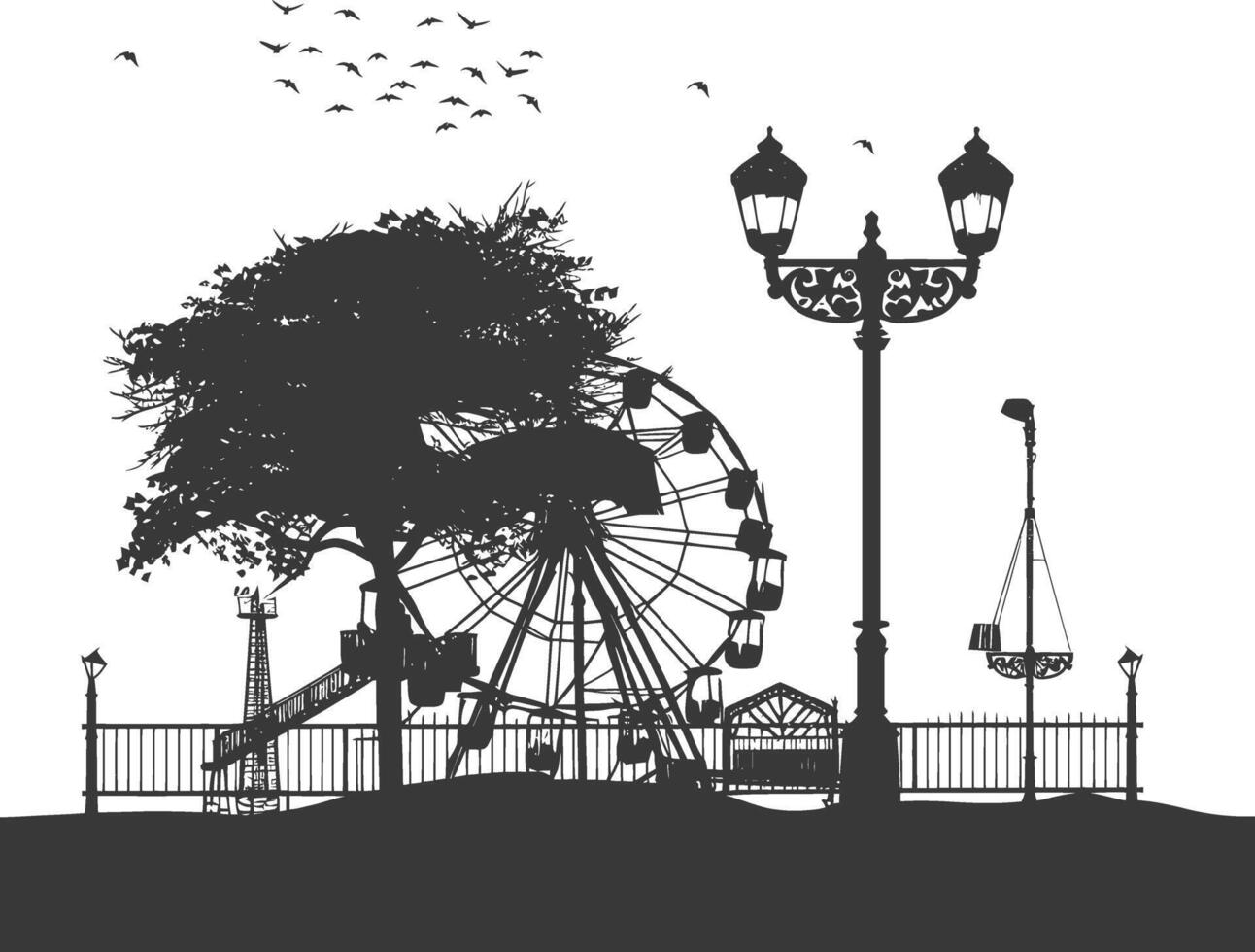 AI generated silhouette abandoned amusement park black color only vector