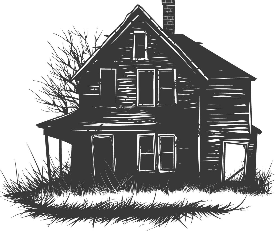 AI generated silhouette abandoned home or house black color only vector