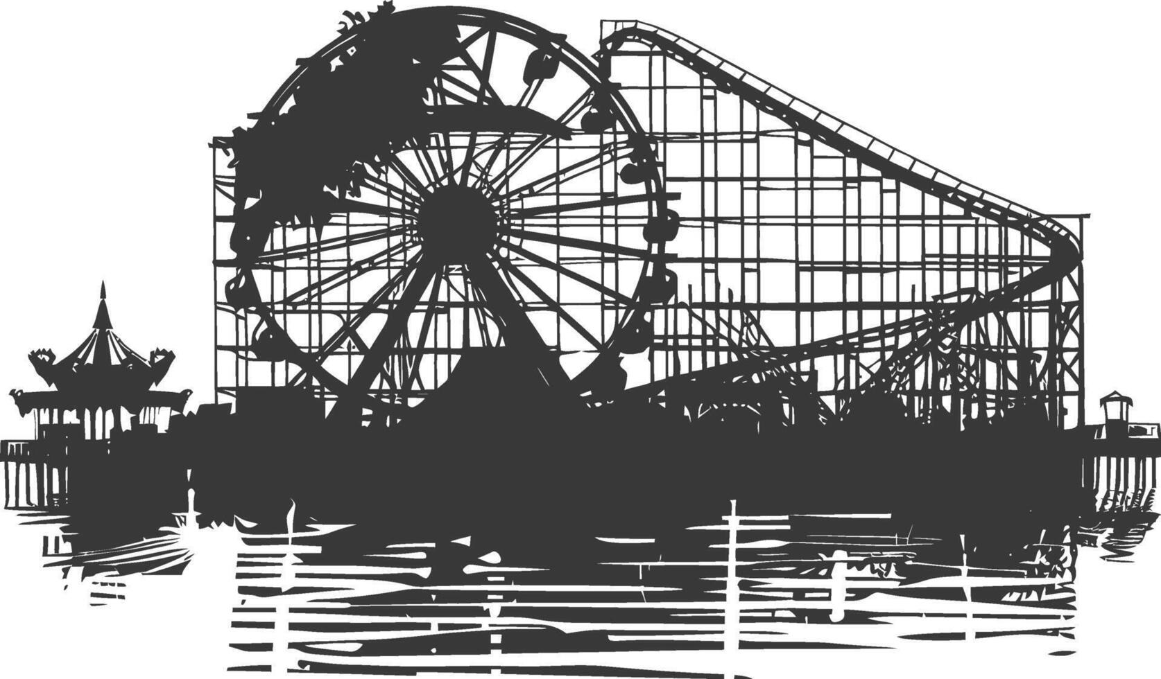 AI generated silhouette abandoned amusement park black color only vector