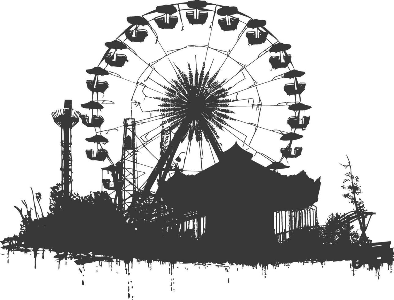 AI generated silhouette abandoned amusement park black color only vector