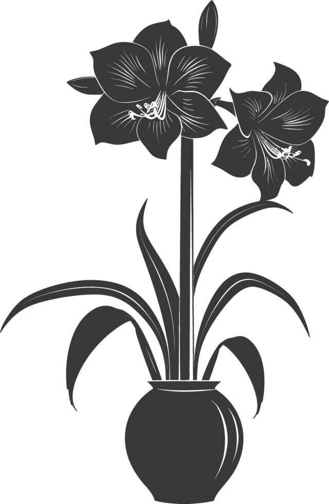 AI generated Silhouette amaryllis flower in the vase black color only vector