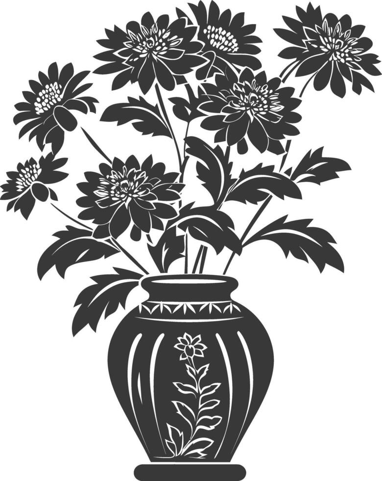 AI generated Silhouette aster flower in the vase black color only vector