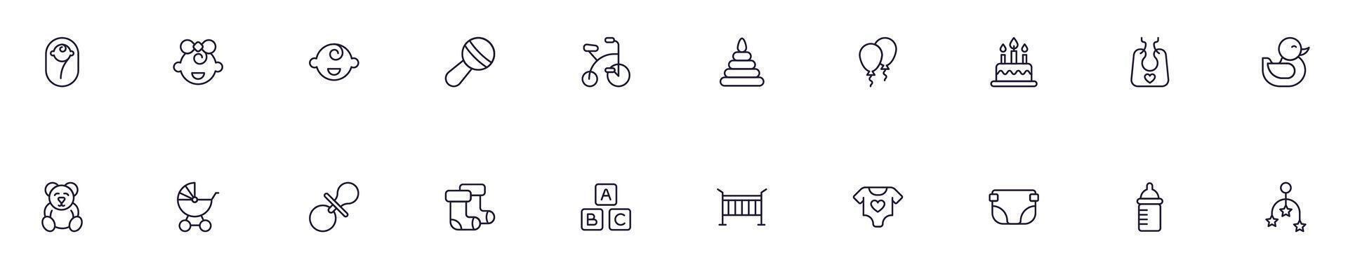 Childhood thin line icons set. Simple linear illustrations that suitable for apps, infographics, books, online shops and stores vector