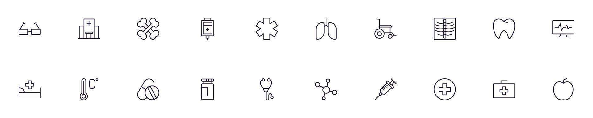 Healthcare linear symbols bundle. Vector collection for web sites, newspapers, apps, infographics