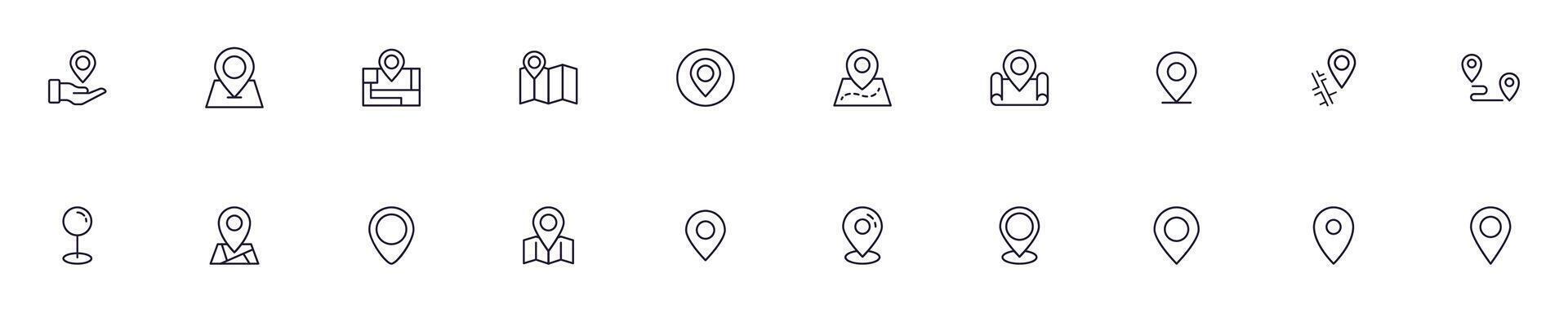 Map pin vector symbols drawn with black thin line. Editable stroke. Simple linear illustration that can be used as a design element for apps and websites