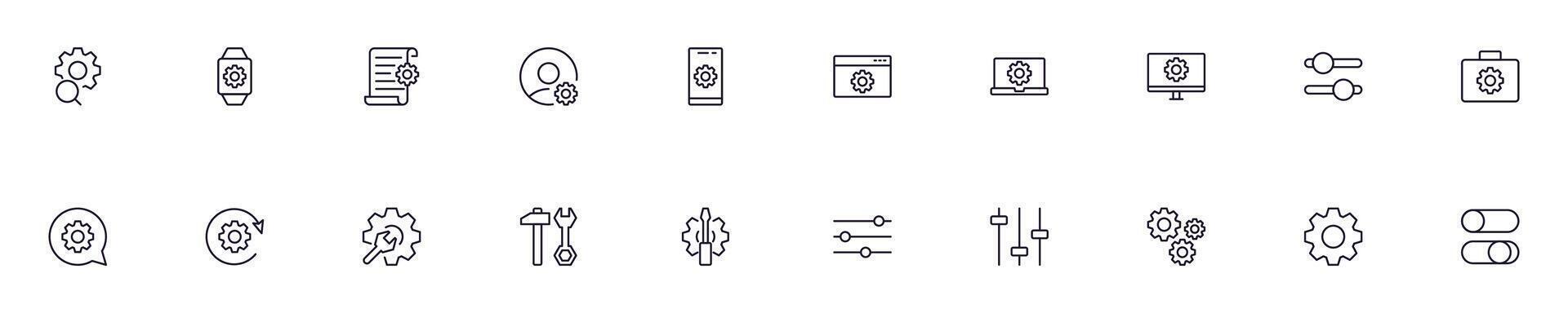 Gear and cogwheel as settings line vector pictograms pack. Editable stroke. Simple linear illustration that can be used as a design element for apps and websites