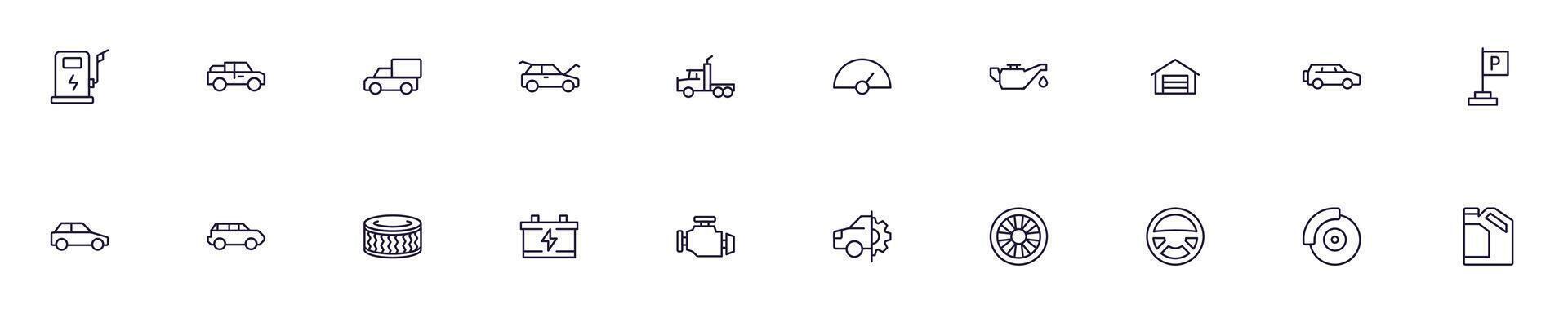 Car line icons pack. Simple outline sign and editable stroke for web sites, articles, books, apps vector